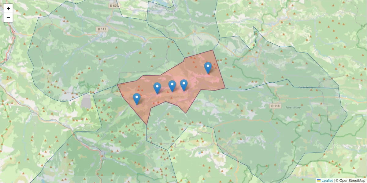 Carte de la zone du code postal  et des codes postaux voisins en France