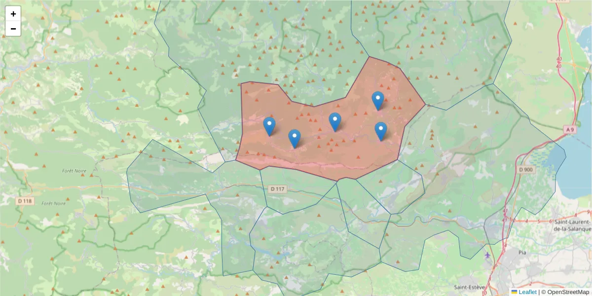 Carte de la zone du code postal  et des codes postaux voisins en France