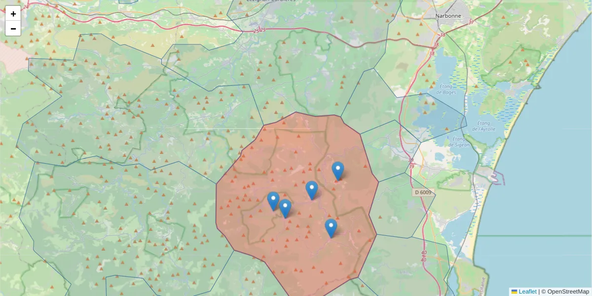 Carte de la zone du code postal  et des codes postaux voisins en France