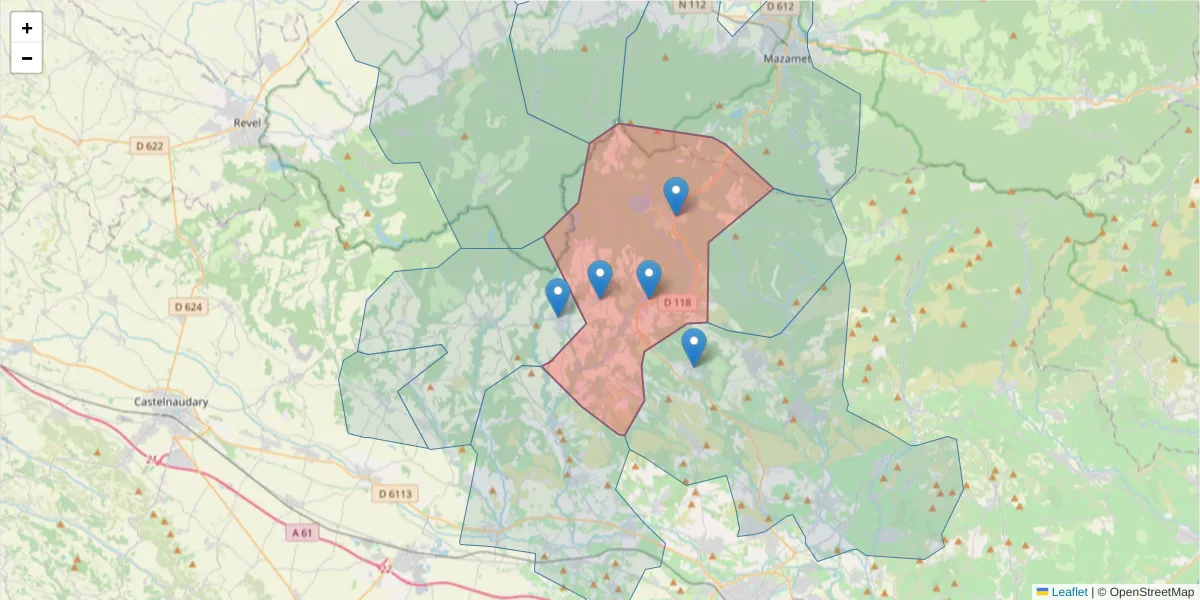 Carte de la zone du code postal  et des codes postaux voisins en France