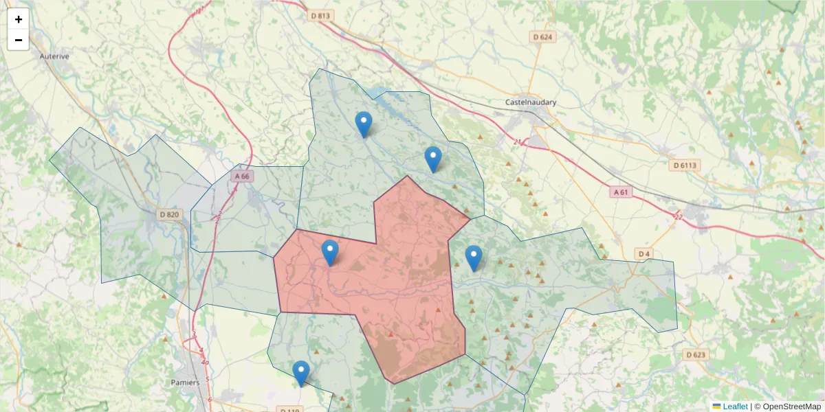 Carte de la zone du code postal  et des codes postaux voisins en France