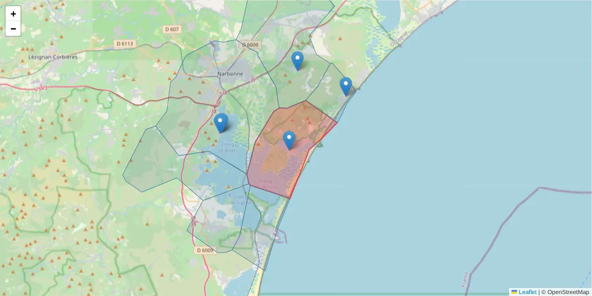 Carte de la zone du code postal  et des codes postaux voisins en France