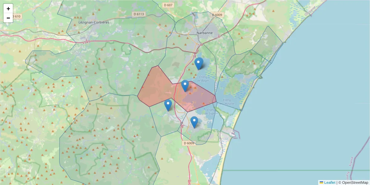 Carte de la zone du code postal  et des codes postaux voisins en France