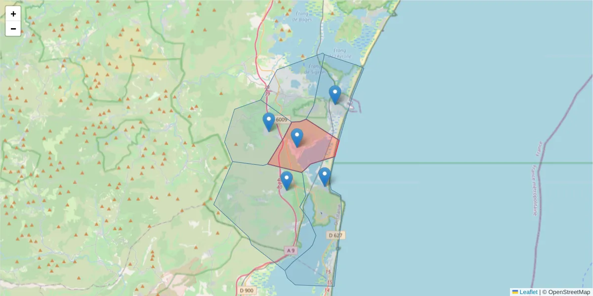 Carte de la zone du code postal  et des codes postaux voisins en France
