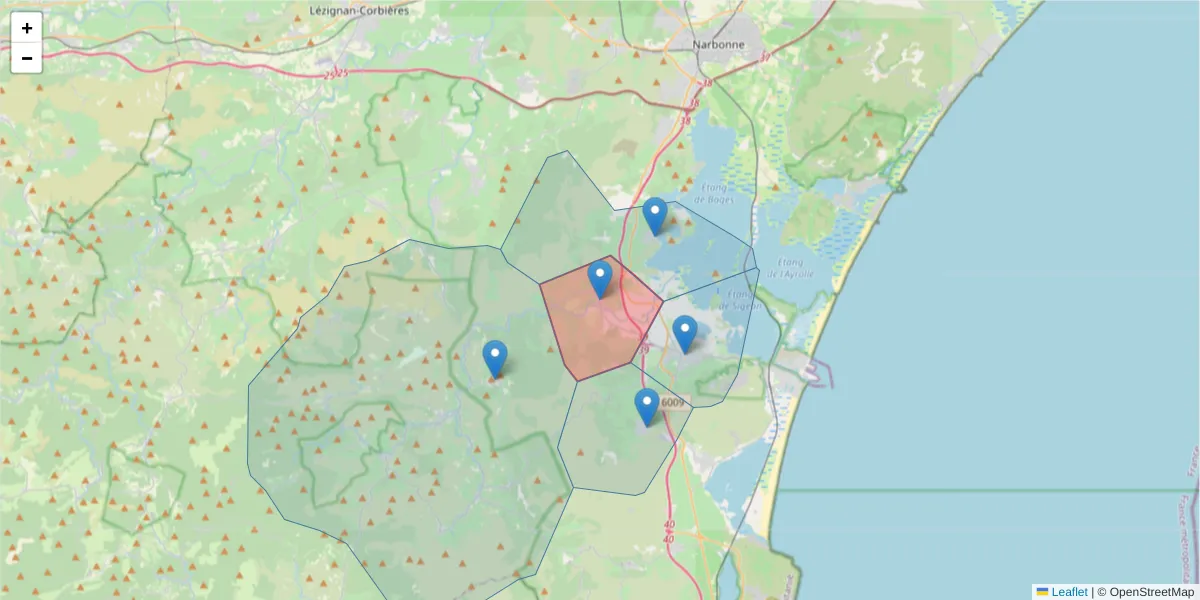 Carte de la zone du code postal  et des codes postaux voisins en France
