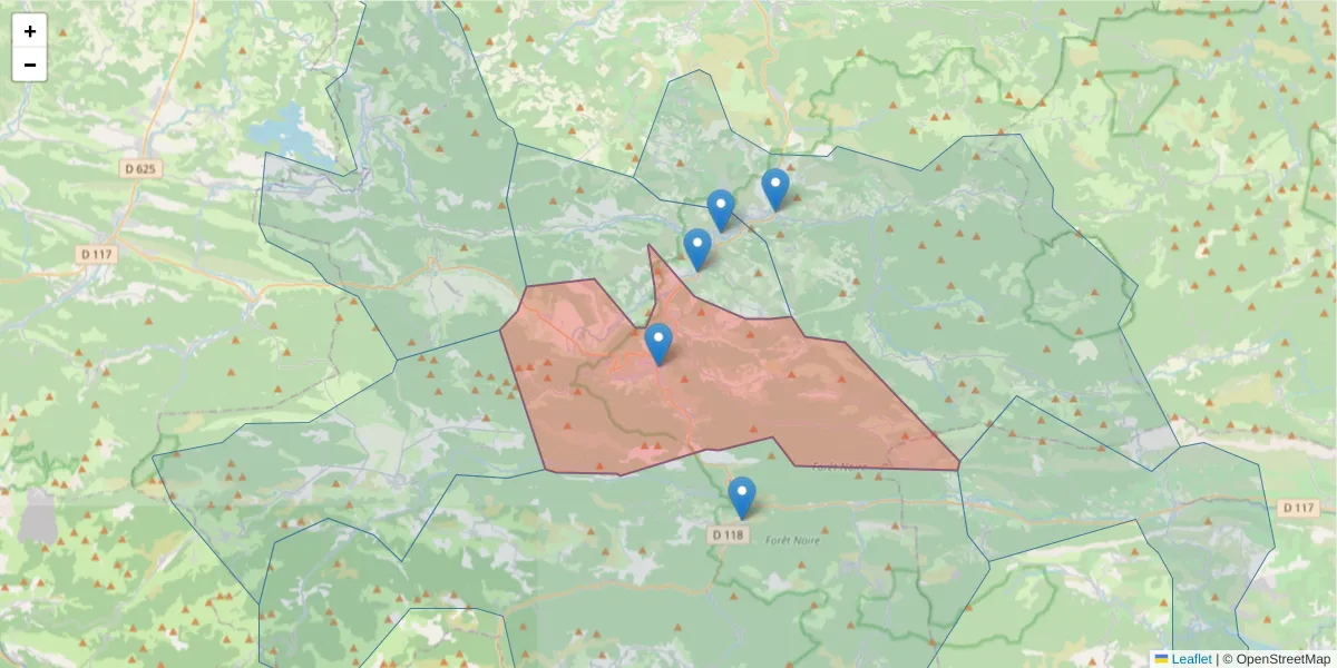 Carte de la zone du code postal  et des codes postaux voisins en France
