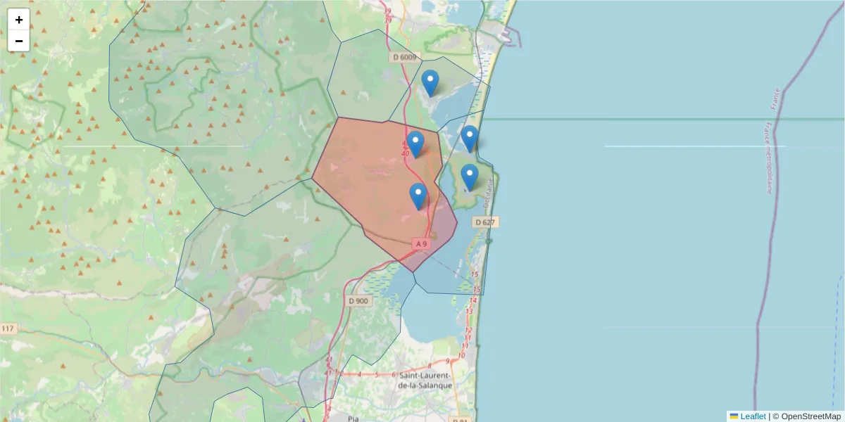 Carte de la zone du code postal  et des codes postaux voisins en France