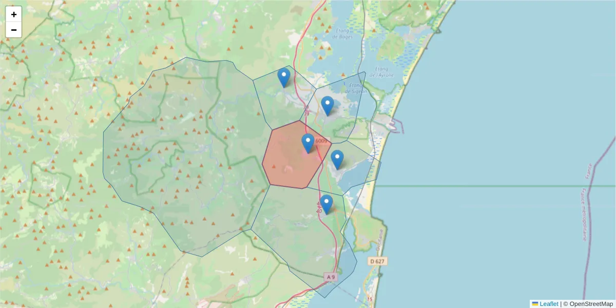 Carte de la zone du code postal  et des codes postaux voisins en France