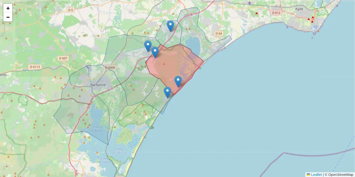 Carte de la zone du code postal  et des codes postaux voisins en France