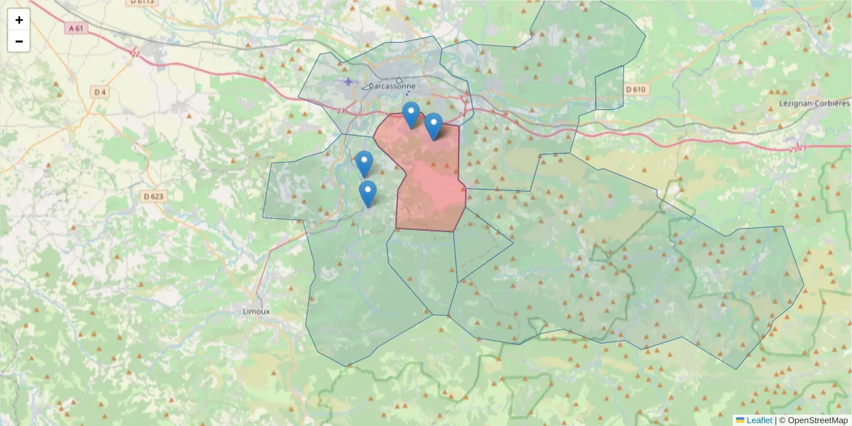 Carte de la zone du code postal  et des codes postaux voisins en France