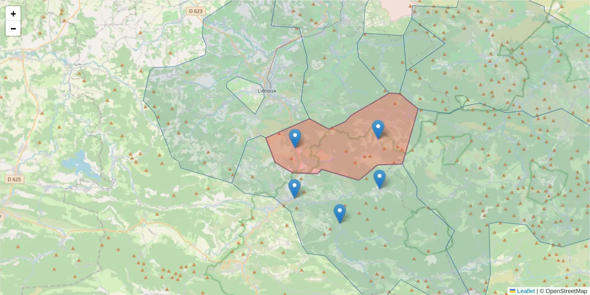 Carte de la zone du code postal  et des codes postaux voisins en France