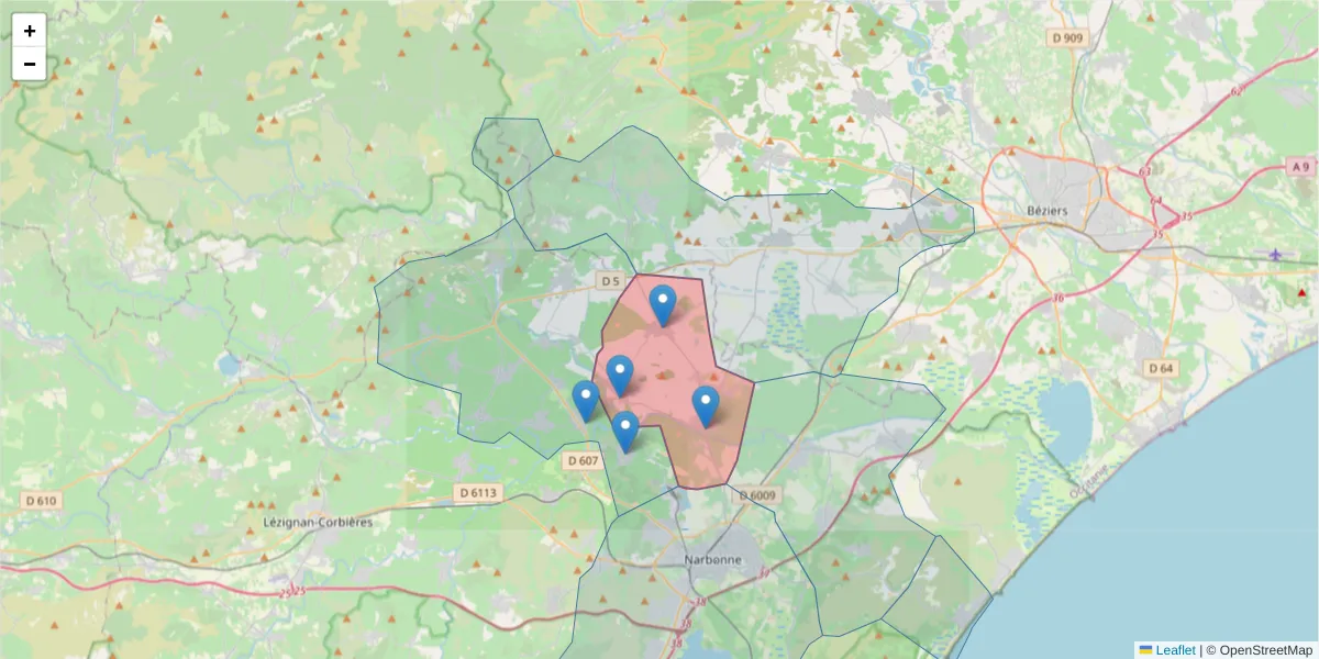 Carte de la zone du code postal  et des codes postaux voisins en France