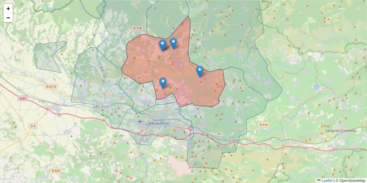 Carte de la zone du code postal  et des codes postaux voisins en France
