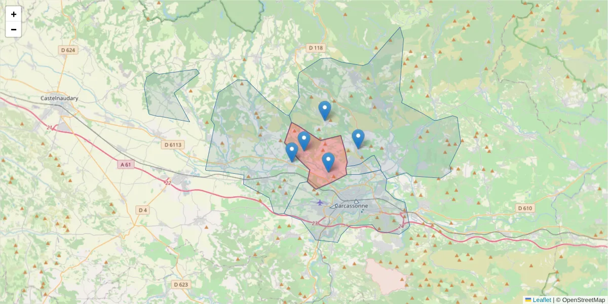 Carte de la zone du code postal  et des codes postaux voisins en France