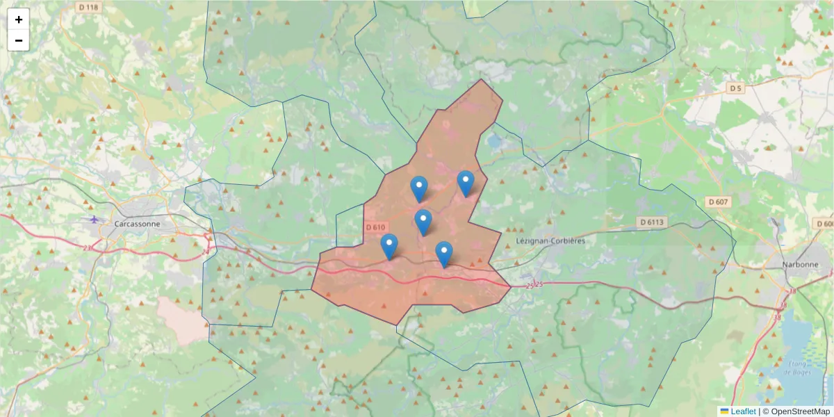 Carte de la zone du code postal  et des codes postaux voisins en France
