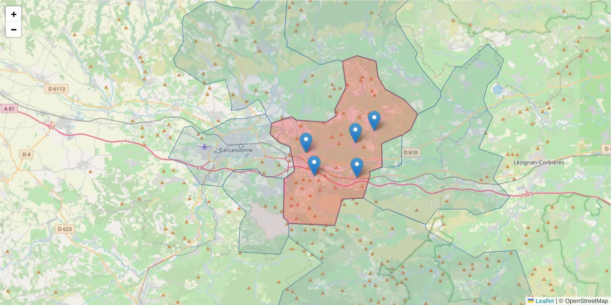 Carte de la zone du code postal  et des codes postaux voisins en France