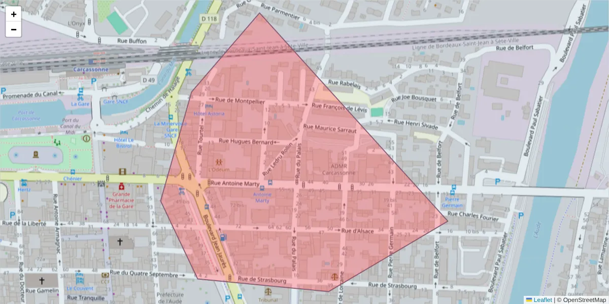 Carte de la zone du code postal  et des codes postaux voisins en France