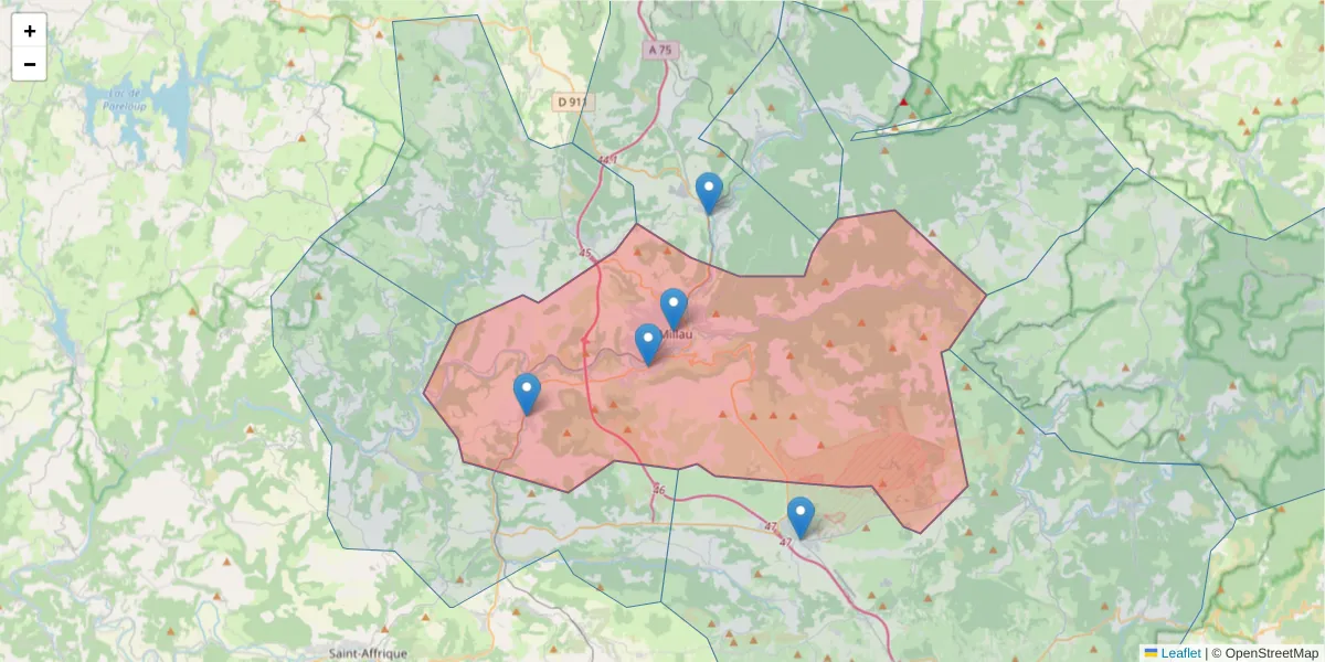 Carte de la zone du code postal  et des codes postaux voisins en France