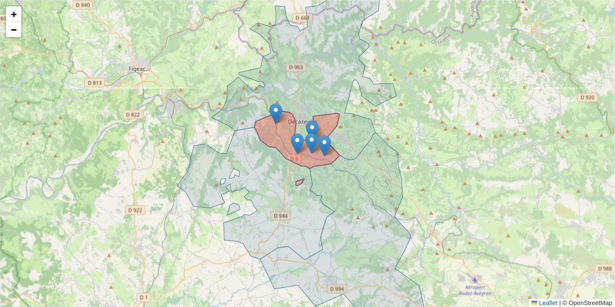 Carte de la zone du code postal  et des codes postaux voisins en France