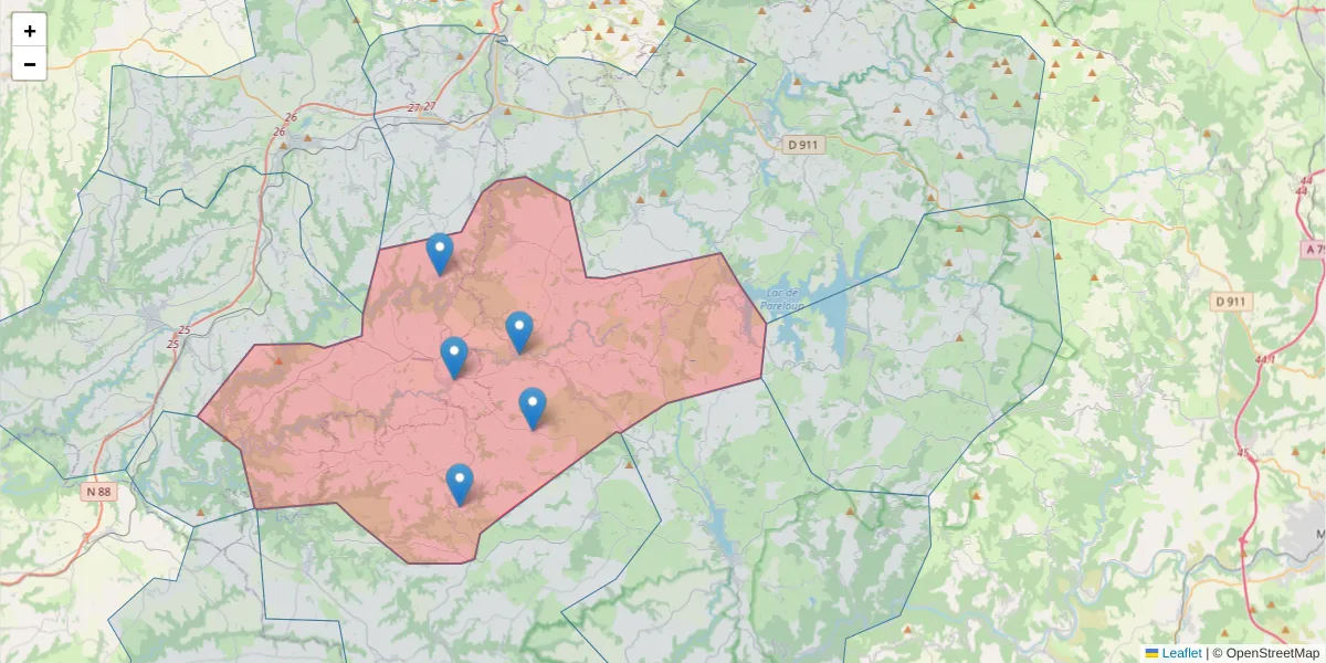 Carte de la zone du code postal  et des codes postaux voisins en France