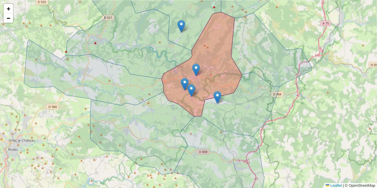 Carte de la zone du code postal  et des codes postaux voisins en France
