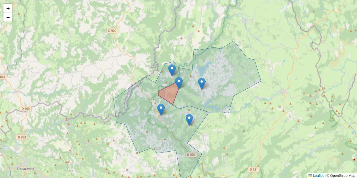 Carte de la zone du code postal  et des codes postaux voisins en France