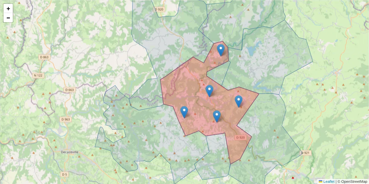 Carte de la zone du code postal  et des codes postaux voisins en France