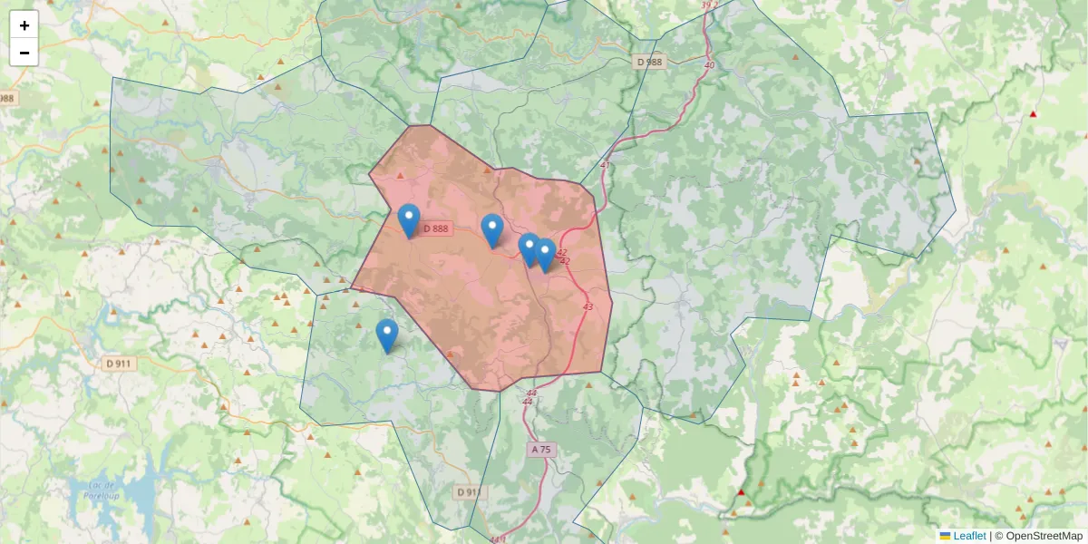 Carte de la zone du code postal  et des codes postaux voisins en France