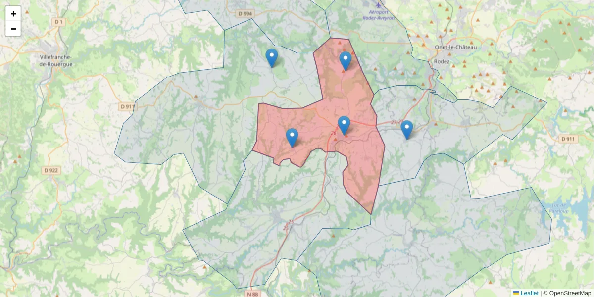 Carte de la zone du code postal  et des codes postaux voisins en France