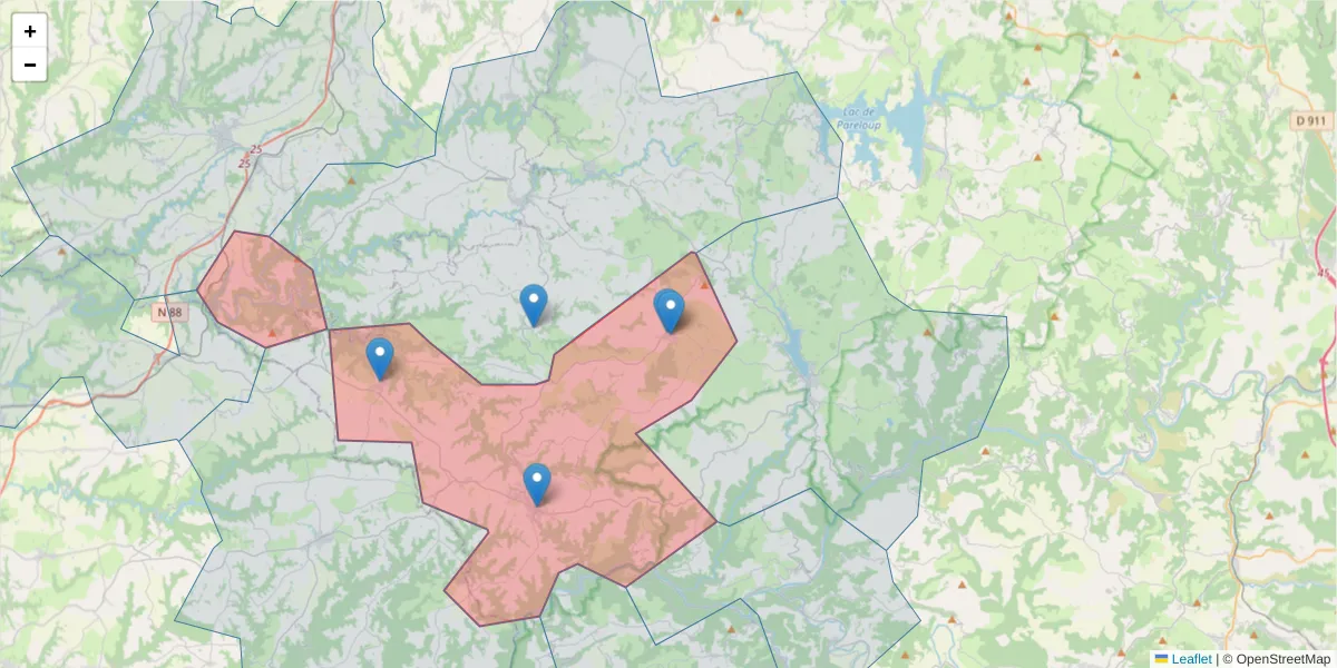 Carte de la zone du code postal  et des codes postaux voisins en France
