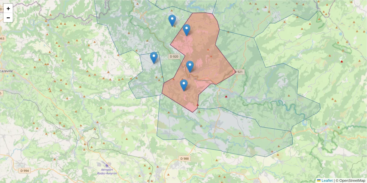Carte de la zone du code postal  et des codes postaux voisins en France