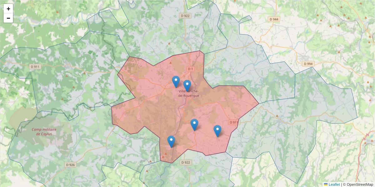 Carte de la zone du code postal  et des codes postaux voisins en France