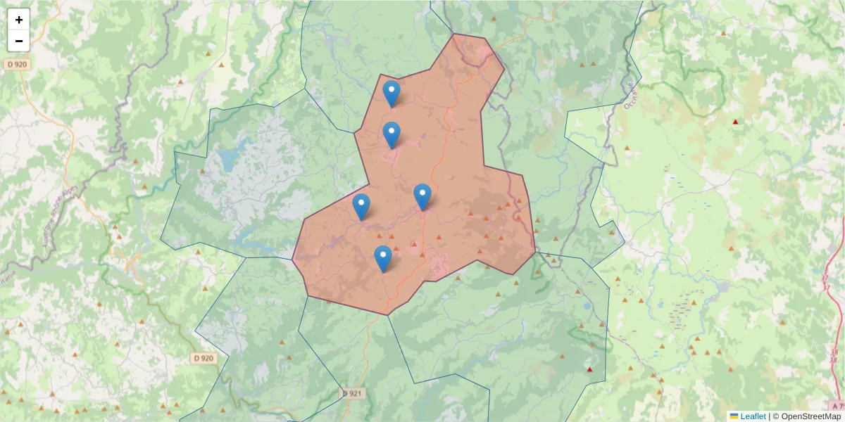 Carte de la zone du code postal  et des codes postaux voisins en France