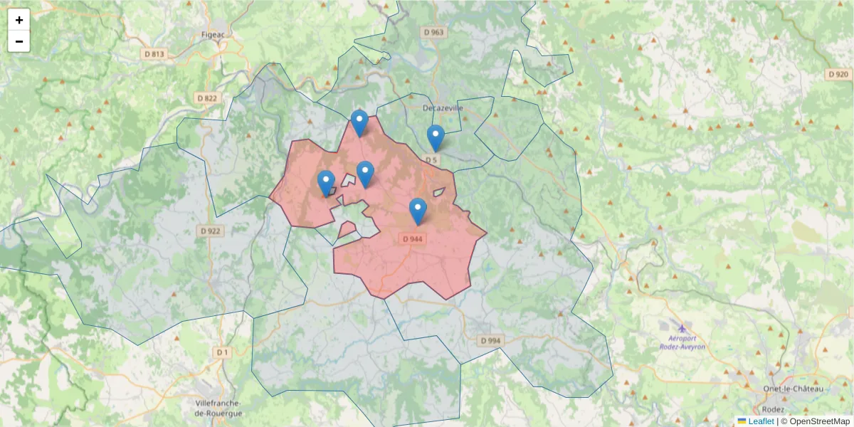 Carte de la zone du code postal  et des codes postaux voisins en France