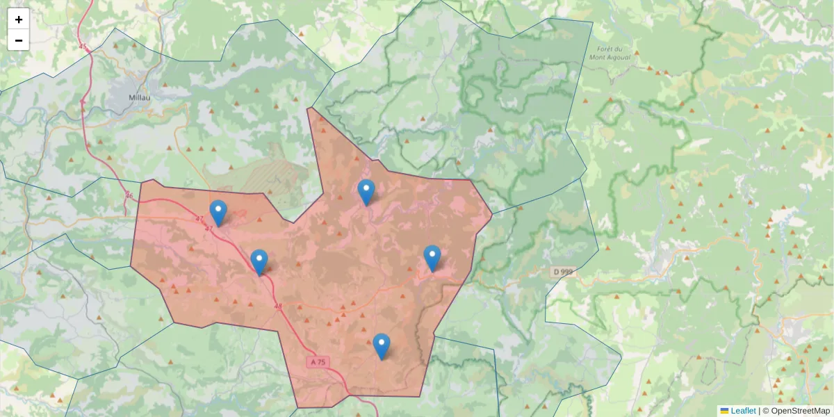 Carte de la zone du code postal  et des codes postaux voisins en France