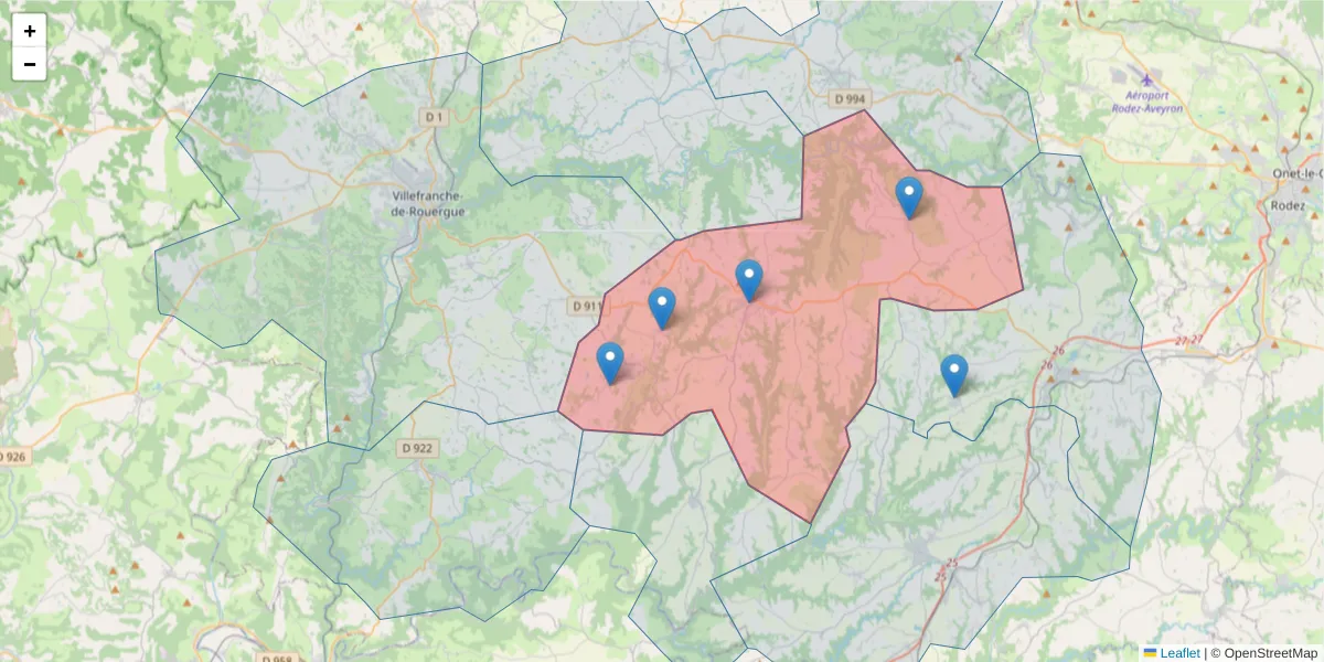 Carte de la zone du code postal  et des codes postaux voisins en France