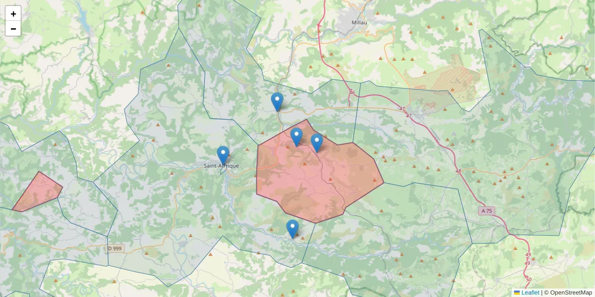 Carte de la zone du code postal  et des codes postaux voisins en France