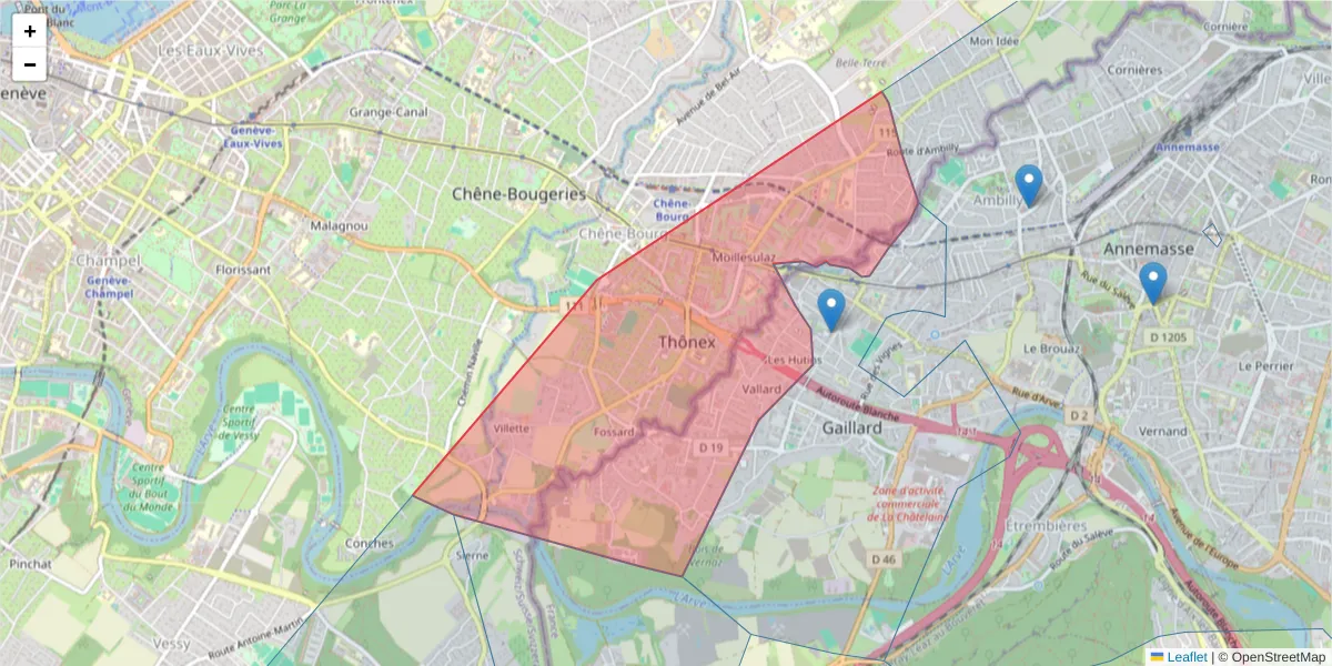 Carte de la zone du code postal  et des codes postaux voisins en France