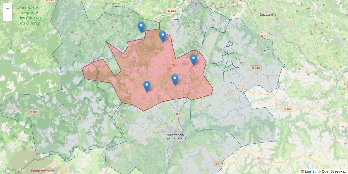 Carte de la zone du code postal  et des codes postaux voisins en France