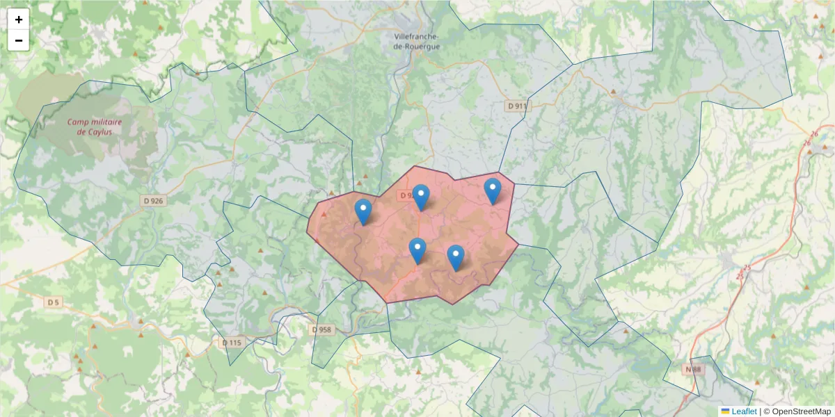 Carte de la zone du code postal  et des codes postaux voisins en France
