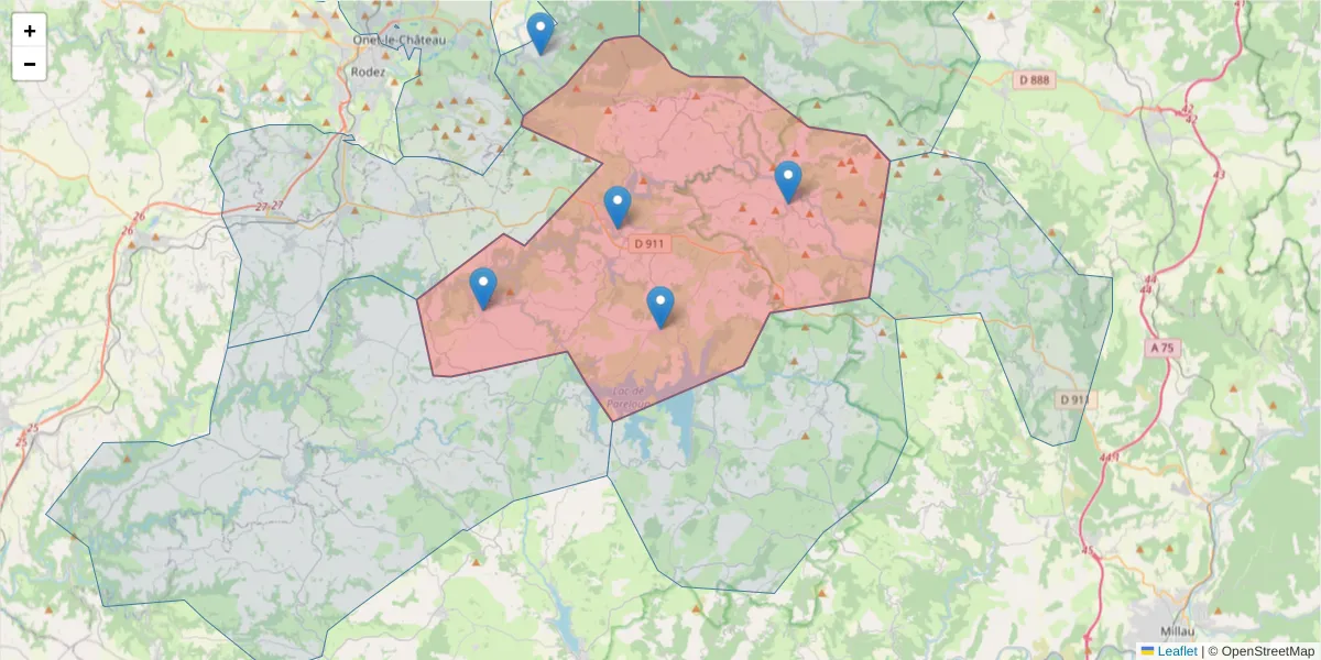 Carte de la zone du code postal  et des codes postaux voisins en France