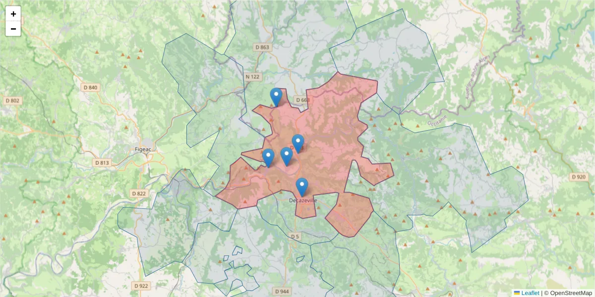 Carte de la zone du code postal  et des codes postaux voisins en France