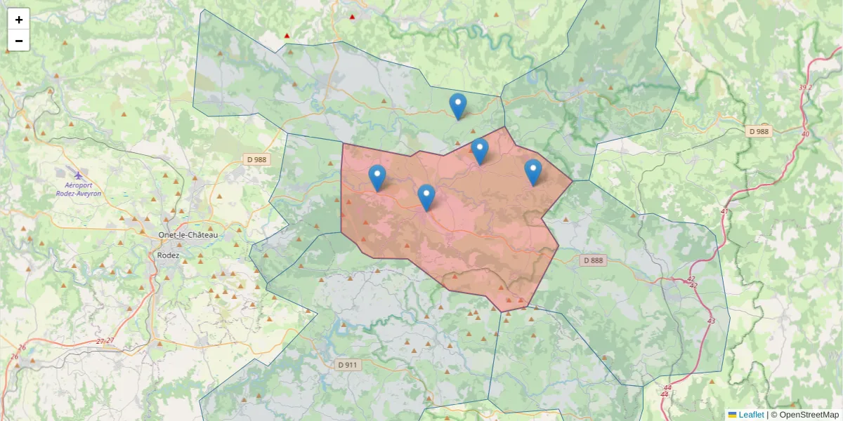 Carte de la zone du code postal  et des codes postaux voisins en France