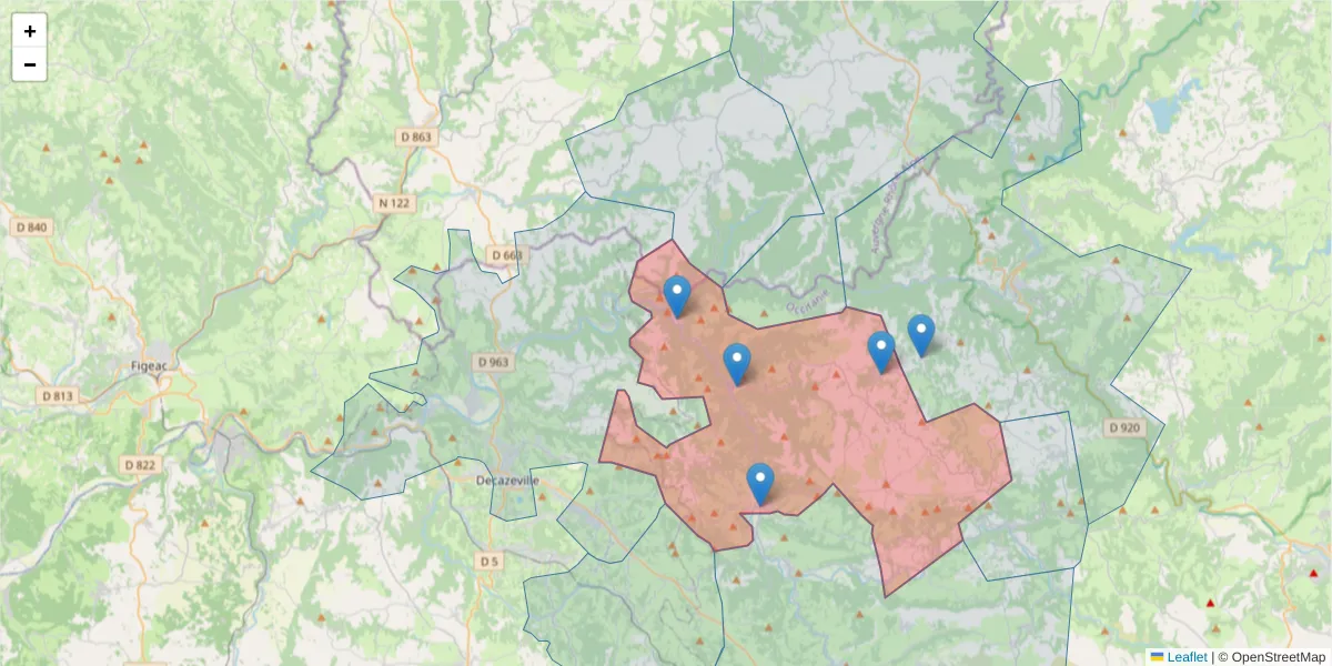 Carte de la zone du code postal  et des codes postaux voisins en France