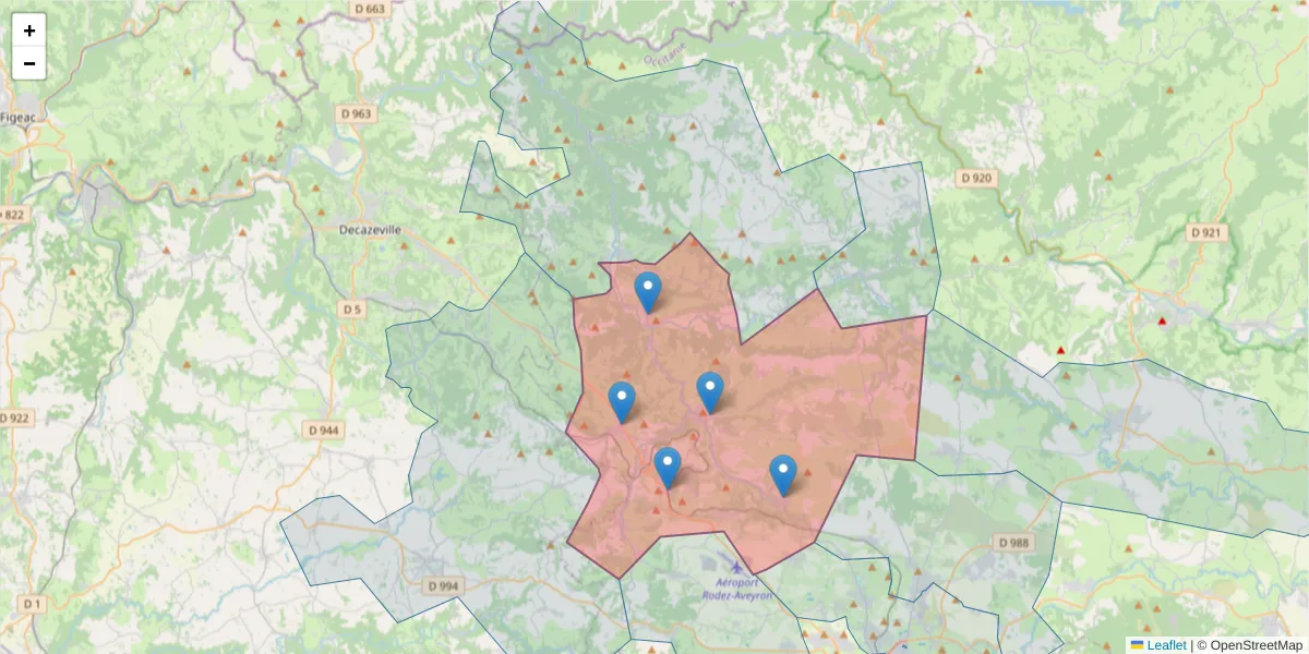 Carte de la zone du code postal  et des codes postaux voisins en France