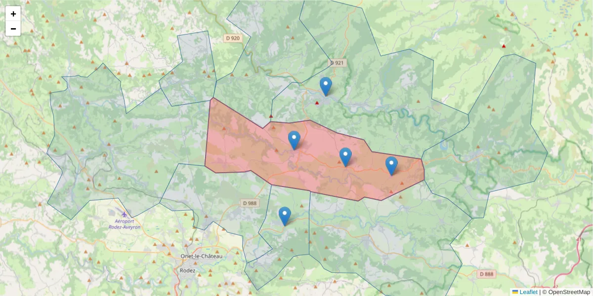 Carte de la zone du code postal  et des codes postaux voisins en France