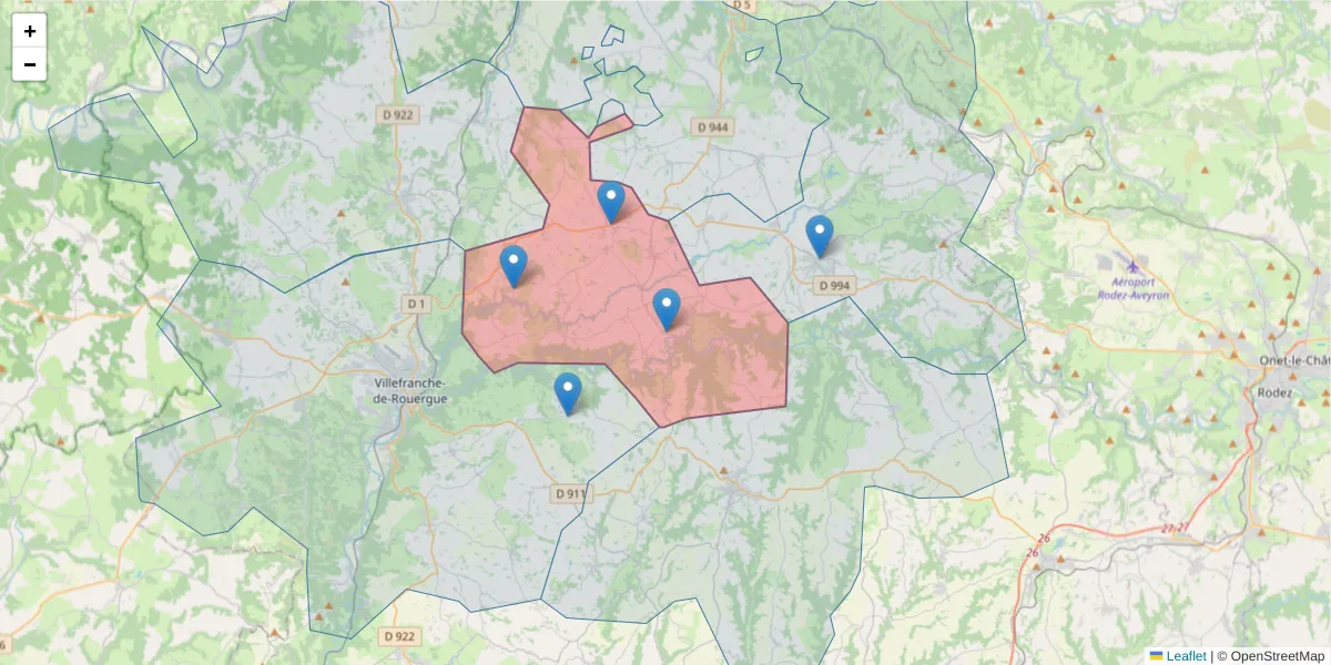Carte de la zone du code postal  et des codes postaux voisins en France