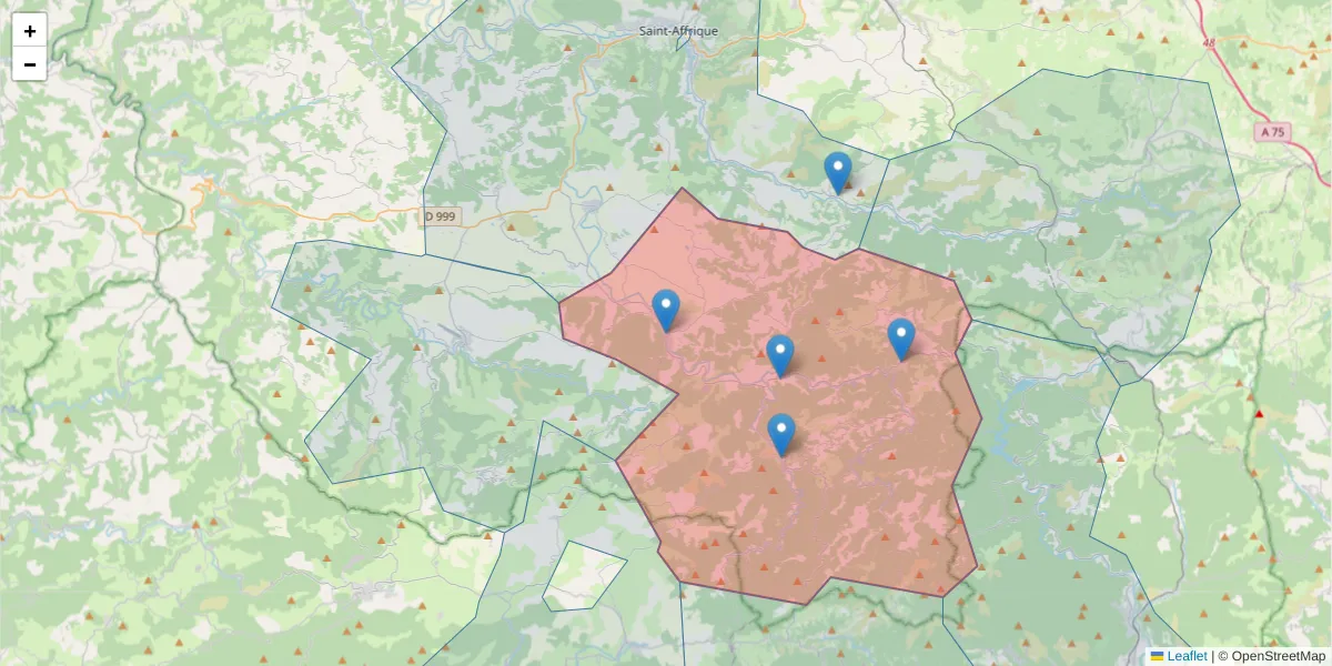 Carte de la zone du code postal  et des codes postaux voisins en France