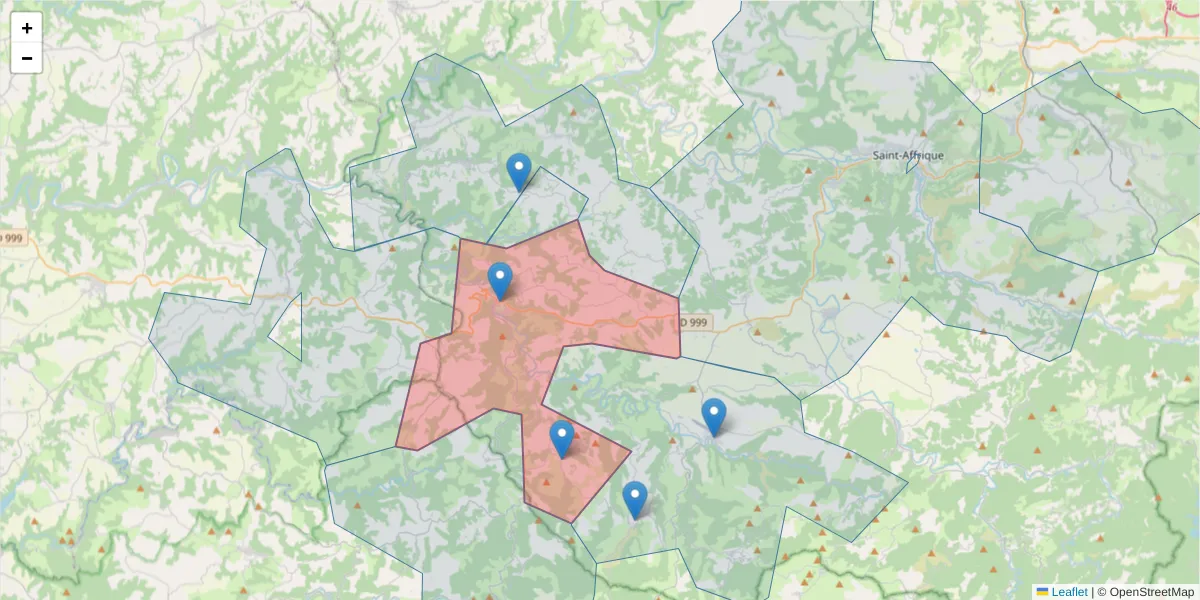 Carte de la zone du code postal  et des codes postaux voisins en France