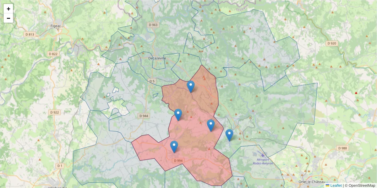 Carte de la zone du code postal  et des codes postaux voisins en France